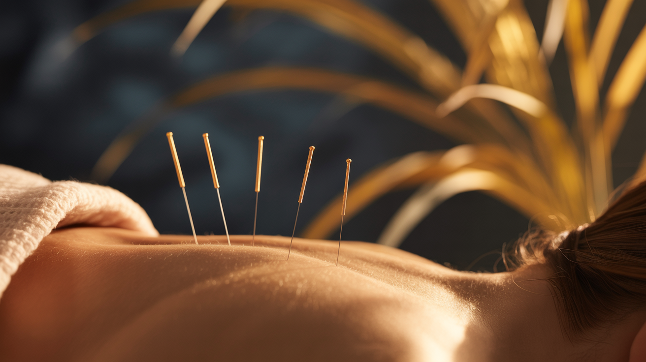 Acupuncture treatment with warm golden lighting